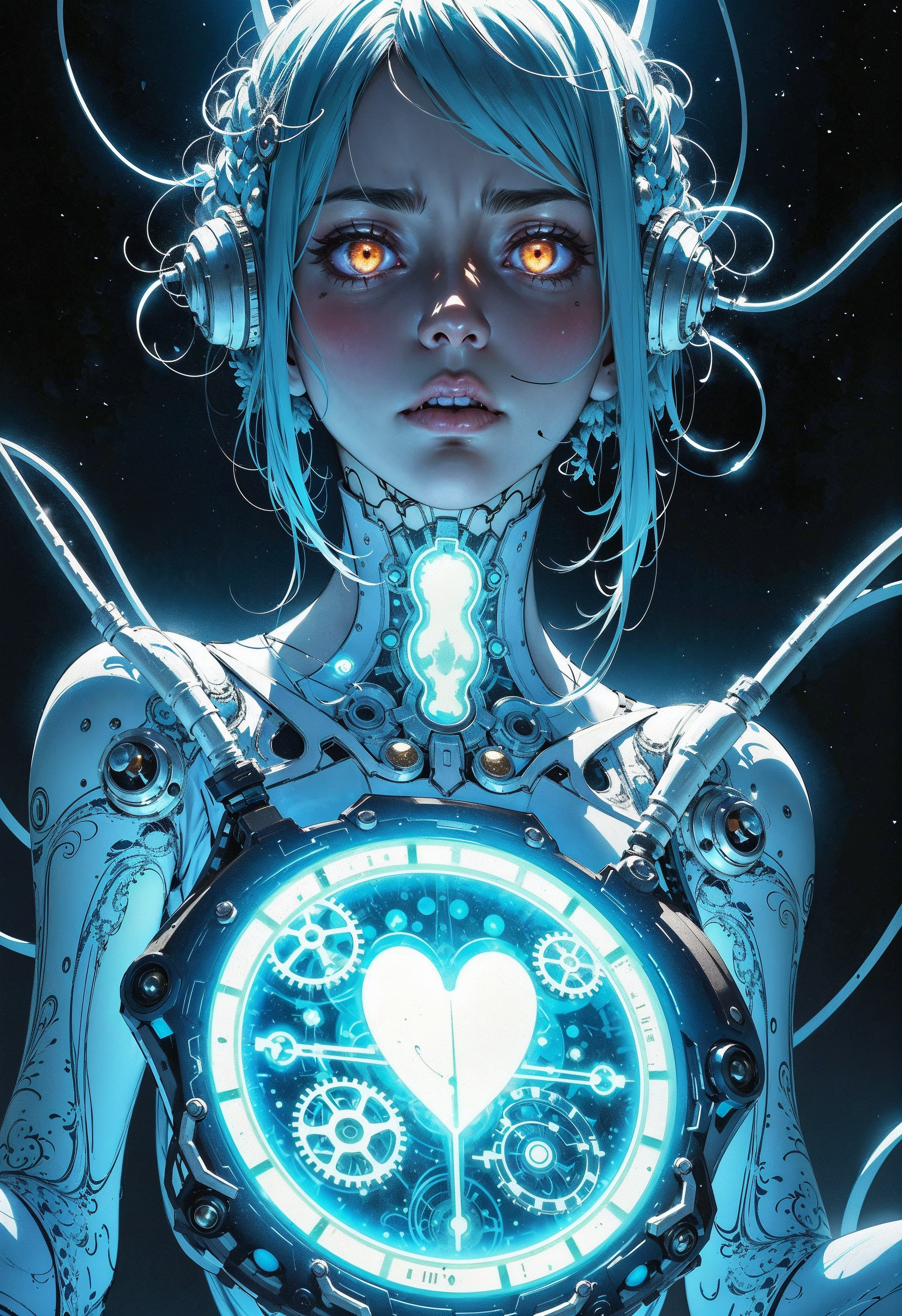 (in Krenz Cushart style:1.2), high-quality, masterpiece, A phantom engineer, her hands deep inside a translucent ghostly machine that floats before her, The mid-shot captures her focused expression as she manipulates gears made of shimmering light, Her chest is exposed revealing a clockwork heart that pulses in sync with the machine, glowing wires float around her in zero gravity, The background is a vast dark void speckled with faint stars, mid-shot, glowing mechanics, low gravity, high contrast, (elaborate fine details:1.1), (elaborately detailed attire with extraordinary elements:1.1), (hyperdetailed:1.1), (intricate details:1.0), (Refined details:1.1), (best quality:1.1), (high resolution:1.2)