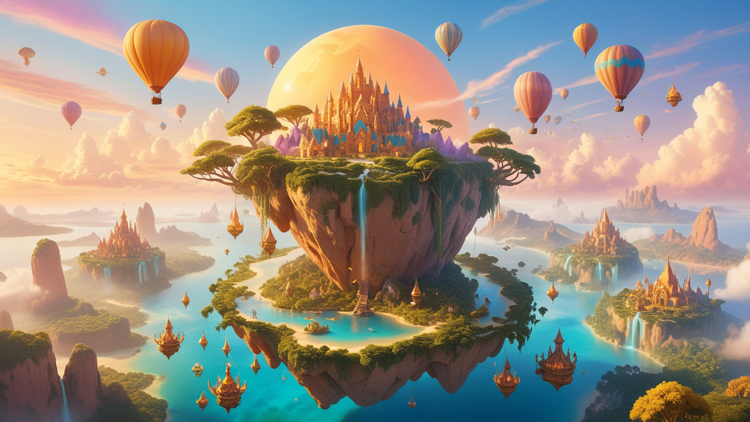 floating islands, gentle breezes, flying mysterious creatures, ethereal, sky-bound realms, golden hour, realistic, incredible, ultra-detailed, unique perspective, vibrant, pastel colors <lora:add-detail-xl:1>