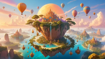 floating islands, gentle breezes, flying mysterious creatures, ethereal, sky-bound realms, golden hour, realistic, incredible, ultra-detailed, unique perspective, vibrant, pastel colors <lora:add-detail-xl:1>
