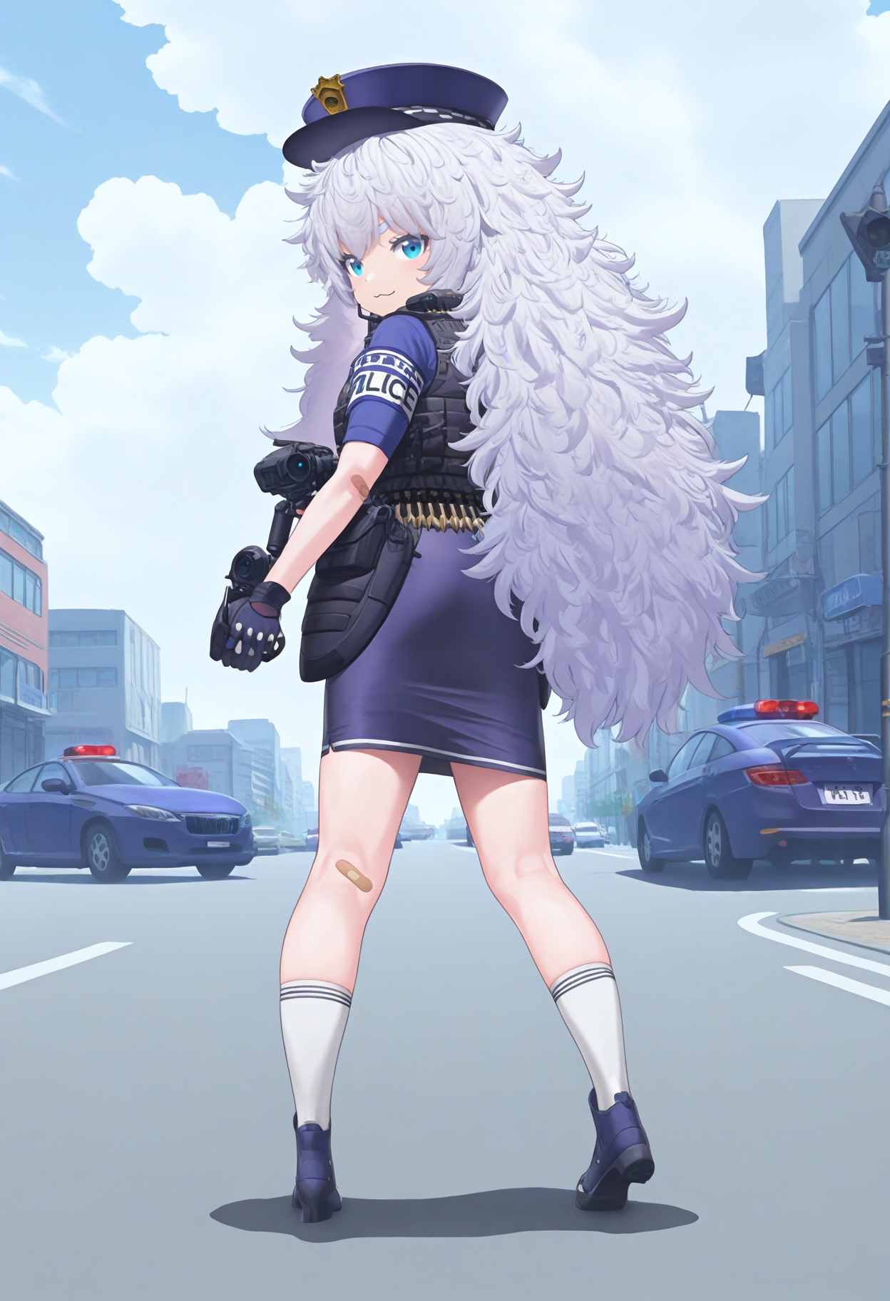 best hands, <lora:mn_poli_IL1.4:1> 
from behind, looking back, 
mn_poli, official art, 1girl, white very long Messy Hair, aqua eyes, :3,
uniform, blue shirt, armband, police uniform, policewoman, scope, bulletproof vest, walkie-talkie, pencil skirt, black gloves, white socks, bandaid on knee, Footwear, Bullet Belt, Policeman's hat,
BREAK outdoors, street, Intersection, traffic lights, cars, day, cloudy sky, shadow,