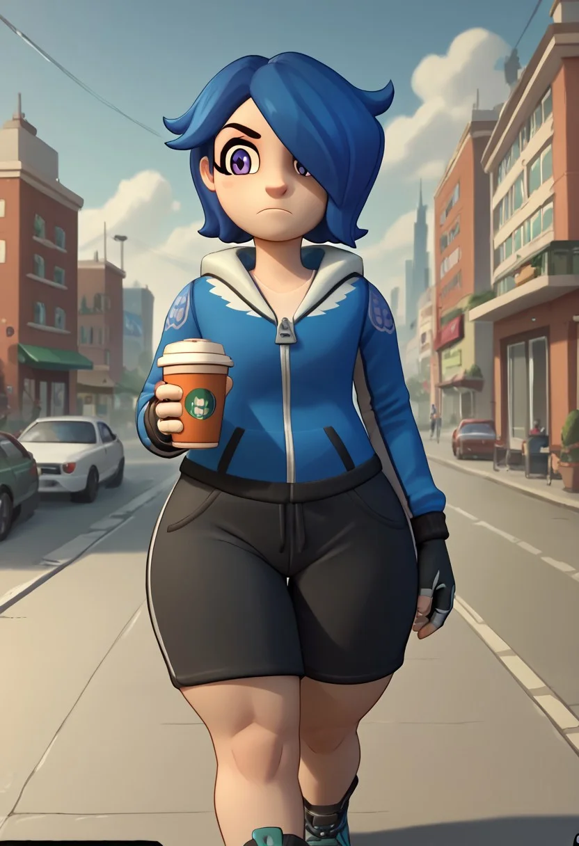 score_9, score_8_up, score_7_up, score_6_up, score_5_up, score_4_up, neghands, turbo artificial rapid intelligence, blue hair,hair over one eye, purple eyes, tdb, bottom heavy, thick thighs, wide hips, walking, holding coffee, front view, city,