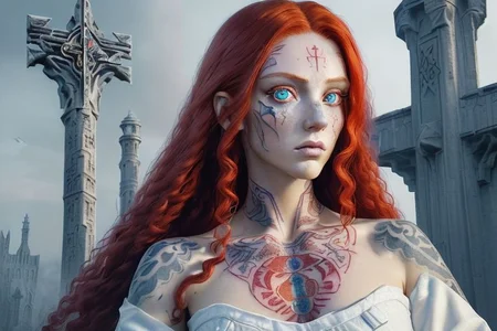 bright red hair, human female, (feminine:1.7), (beautiful face, detailed face:1.6), (beautiful eyes, detailed eyes:1.7), (looking at viewer, eye contact, intense:1.6), (long hair, red hair, curly hair:1.3), , ((masterpiece, best quality, high resolution, realistic, best quality,)), photo realistic, Perfect Face, (detailed face). <lora:GoodHands-vanilla:0.6> <lora:add-detail-xl:0.8>, mage, (Dress White military uniform coat), dagger, rune dagger, glowing runes, , (((glowing magic symbols tattoos, religious tattoos))), ((face tattoos)), glowing tattoos, stone tower in the background