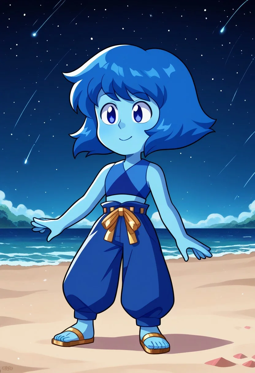score_9, score_8_up, score_7_up, source anime,
masterpiece, best quality, detailed, amazing quality,
detailed background, night, stars, beach,
detailed eyes, clean eyes,
dynamic pose,
solo, 1woman, woman, 
easynegative, 
happy, sparkles, lapis_gem,
lapis lazuli \(steven universe\),
colored skin, blue skin, blue hair, blue eyes, 
lapis_future, tank top, harem pants, gold ribbon belt, gold sandals,
chibi,