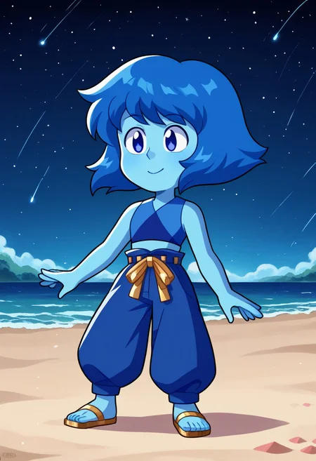 score_9, score_8_up, score_7_up, source anime,
masterpiece, best quality, detailed, amazing quality,
detailed background, night, stars, beach,
detailed eyes, clean eyes,
dynamic pose,
solo, 1woman, woman,
easynegative,
happy, sparkles, lapis_gem,
lapis lazuli \(steven universe\),
colored skin, blue skin, blue hair, blue eyes,
lapis_future, tank top, harem pants, gold ribbon belt, gold sandals,
chibi,
