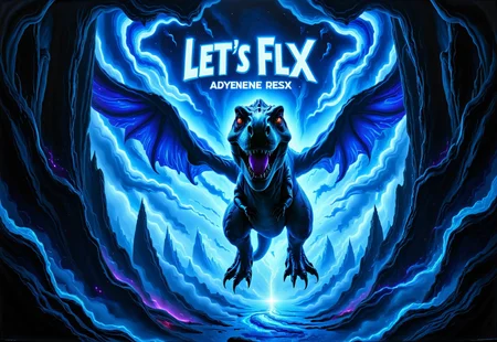 A cyberpunk movie poster featuring a majestic flying tiny t-rex soaring through a neon-lit futuristic cityscape. The tiny t-rex has sleek, flawless cybernetic wings and radiant fins, glowing with vibrant blue and purple lights as it glides effortlessly through an electric blue sky filled with holographic projections and towering skyscrapers. Its limbs and body are pristine, reflecting the advanced technology embedded within. The words 'LET'S FLY' are displayed in bold, glitching neon text, shimmering dynamically at the center of the composition. Below, the bustling streets of the futuristic city pulse with glowing advertisements and streaks of light from flying vehicles. The overall atmosphere is vibrant, energetic, and futuristic, celebrating the perfection and grace of this cybernetic creature.