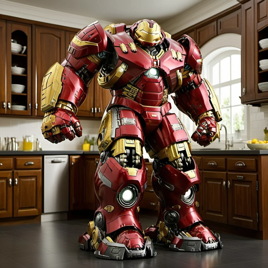 Hulkbuster1024, a robot, full body, cleaning dishes in a kitchen , highly detailed, photography, ultra sharp, film, professional, 64k <lora:add-detail-xl:1.5> <lora:Hulkbuster1024:0.8>