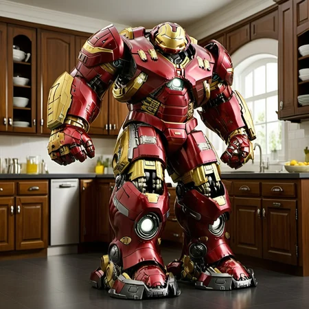 Hulkbuster1024, a robot, full body, cleaning dishes in a kitchen , highly detailed, photography, ultra sharp, film, professional, 64k <lora:add-detail-xl:1.5> <lora:Hulkbuster1024:0.8>