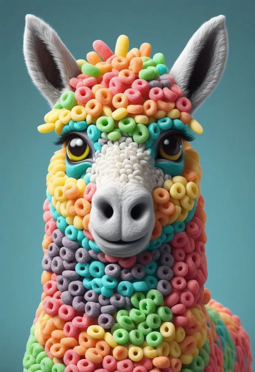 a cute chibby alpaca mixed with a donkey with big rainbow eyes made made of fruit loops, very detailed, 4k, sharp