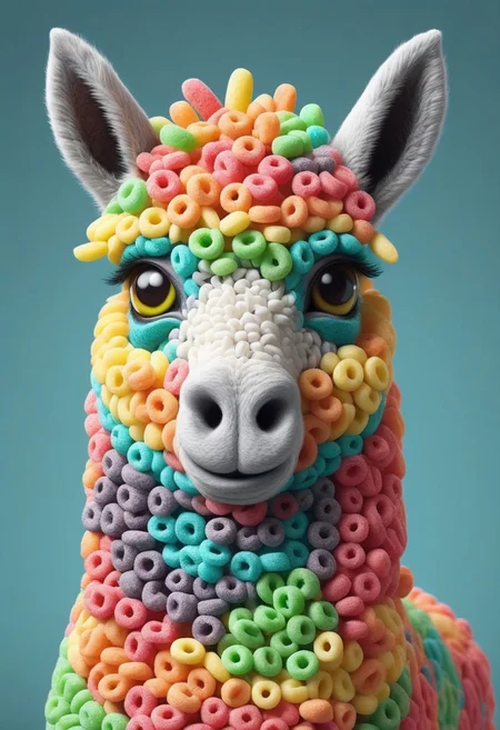a cute chibby alpaca mixed with a donkey with big rainbow eyes made made of fruit loops, very detailed, 4k, sharp