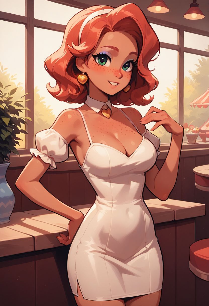 score_9, score_8_up, score_7_up, source_anime, 1girl, cute face, pretty hair, eyeshadow, long eyelashes, freckles:02, natural skin, pretty dress, busty, cleavage, short dress, standing, (indoors), fancy diner, simple background, cute anime style