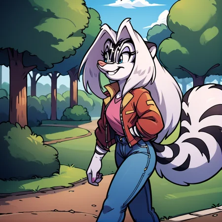 score_9, score_8_up, score_7_up, score_6_up, score_5_up, score_4_up, (Source furry), (rating safe), <lora:Zigzag:1>, zigzag, 1girl, solo, long hair, furry female, white fur, facial mark, white hair, animal nose, striped fur, black stripes, outdoors, tail, walking in park, trees, grass, clouds, jacket, jeans, blue eyes, smile, <lora:CitronAnimeTreasure:1>