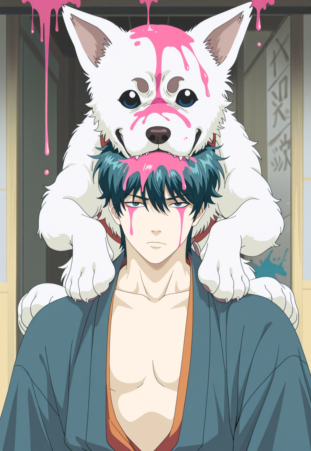 masterpiece, very aesthetic, high score, newest, best quality, G1NT4M4-KNX, 1boy, male focus, japanese clothes, open clothes, dog, paint dripping, pink paint, looking at viewer, kimono, animal, solo, dog munching on man's head, dog bite