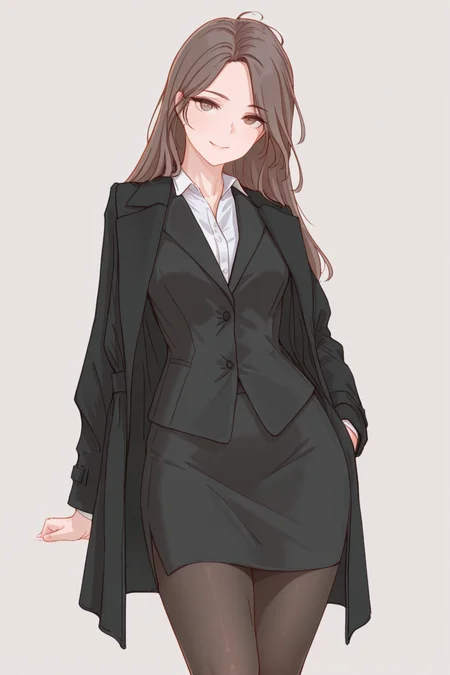 masterpiece, best quality, amazing quality,
<lora:Nutzlos_IL:1> nutzlos, 1girl, solo, pantyhose, skirt, jacket, long hair, looking at viewer, brown hair, formal, smile, simple background, suit, pencil skirt, shirt, coat, brown eyes