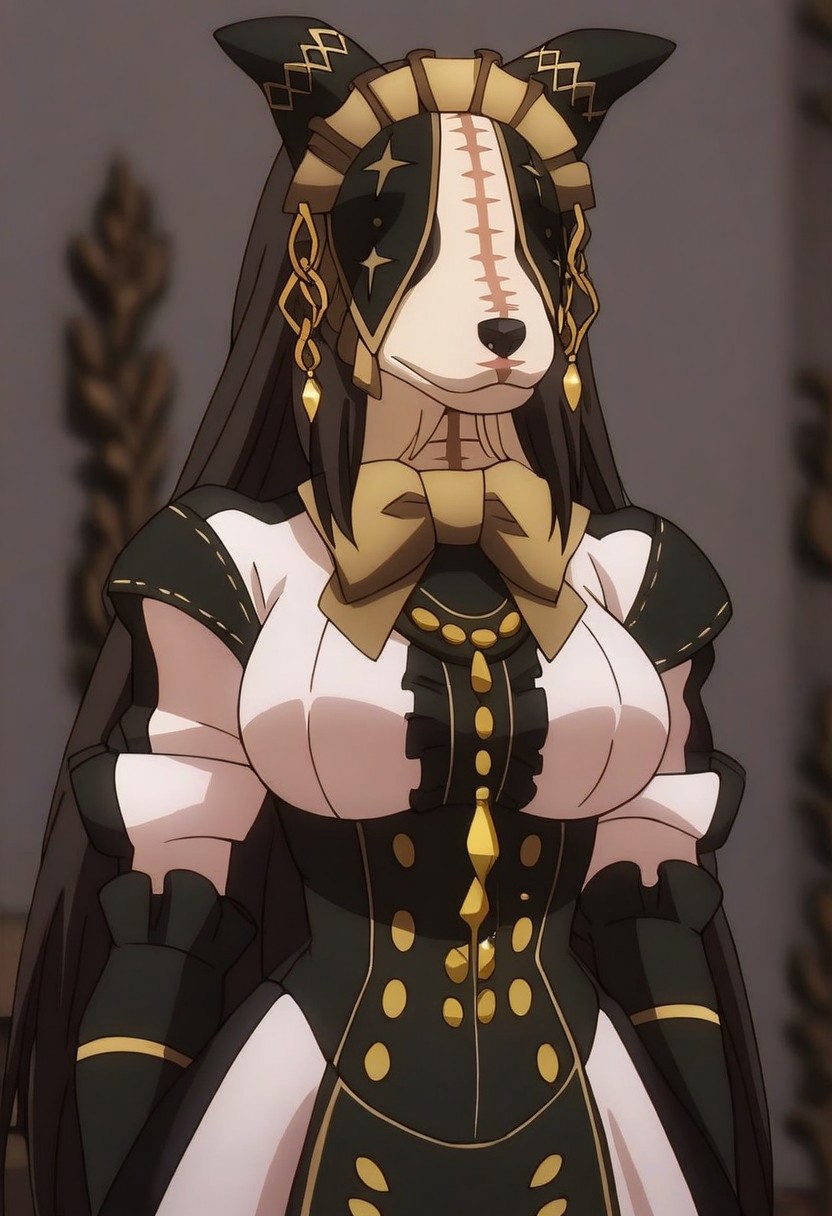 score_9, score_8_up, score_7_up, score_6_up,source_anime, cinematic shadow, cinematic light,  characters focus,detailed skins,perfect large breasts,rating_explicit, (cowboy shot:1.4), ultra detailed background,, pestonya, black long hair, dog girl, dog ears, STITCHES, no humans, furry, pestonyadress, maid, maid headdress, veil, covered eyes, star (symbol),yellow bowtie,frilled wide long sleeves, jewelry,frills,CENTER FRILLS