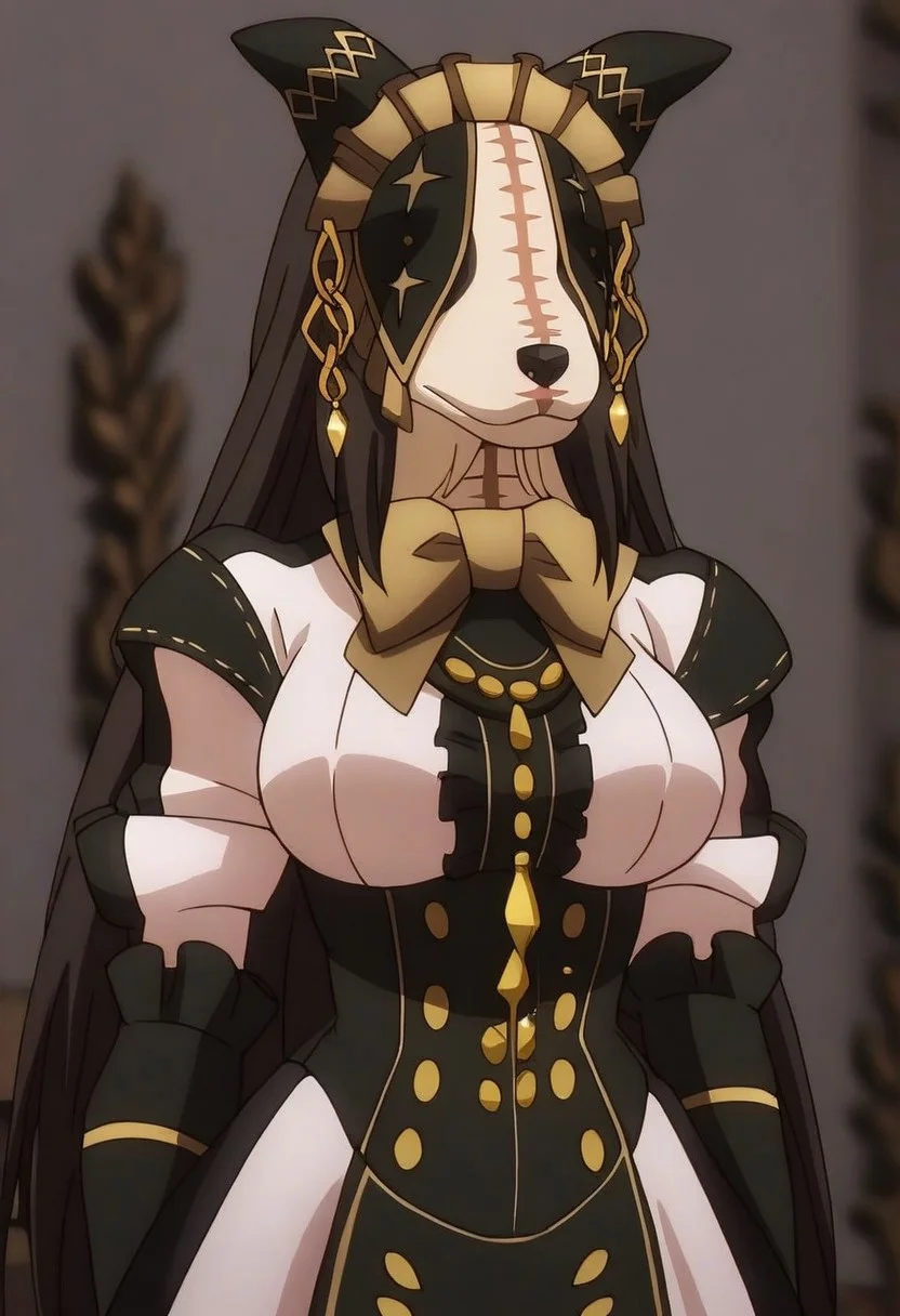 score_9, score_8_up, score_7_up, score_6_up,source_anime, cinematic shadow, cinematic light, characters focus,detailed skins,perfect large breasts,rating_explicit, (cowboy shot:1.4), ultra detailed background,, pestonya, black long hair, dog girl, dog ears, STITCHES, no humans, furry, pestonyadress, maid, maid headdress, veil, covered eyes, star (symbol),yellow bowtie,frilled wide long sleeves, jewelry,frills,CENTER FRILLS