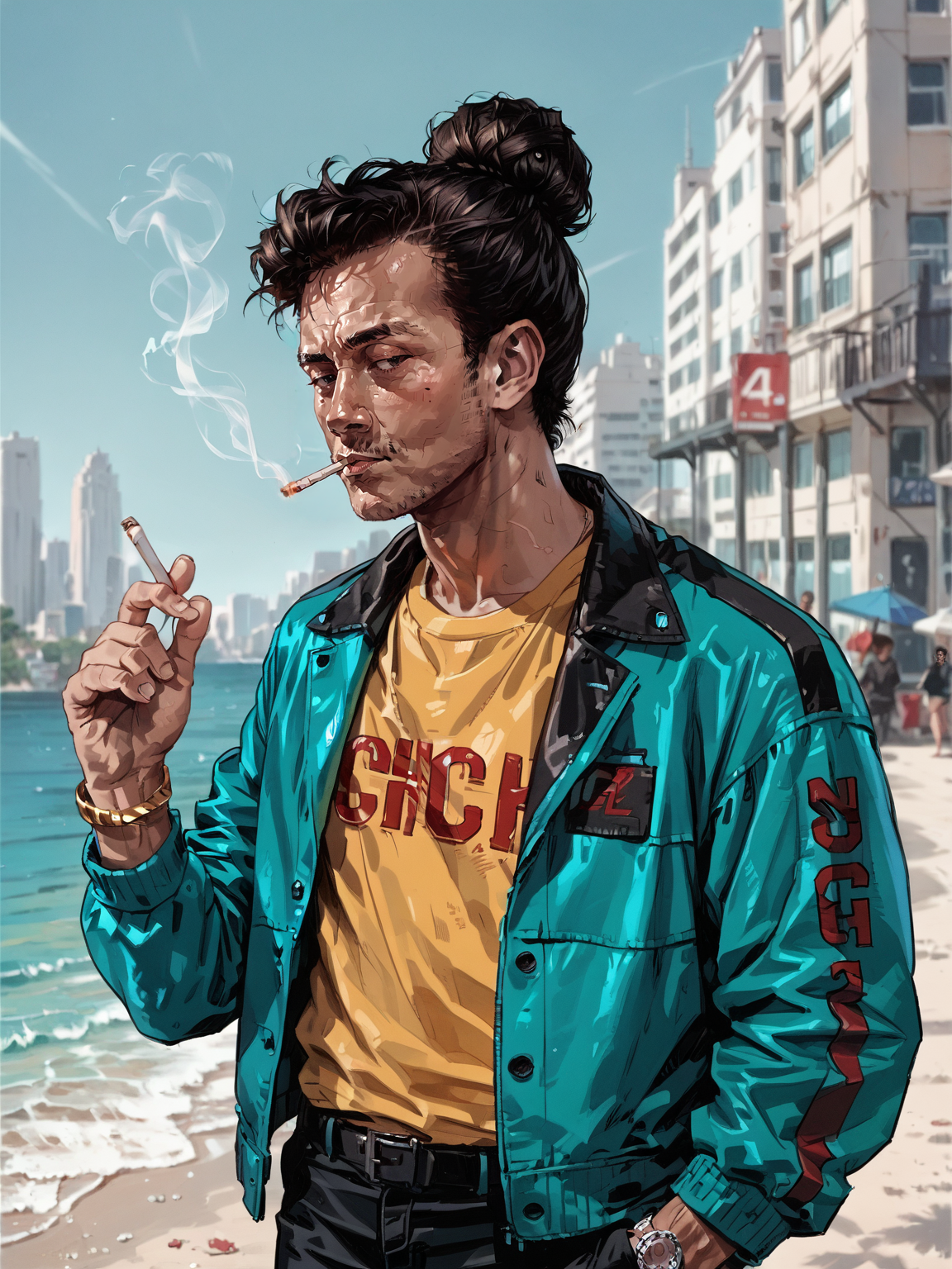 1boy, black hair, short hair, hair bun, green jacket, yellow shirt, black pants, standing, hand up, holding, cigarette, holding cigarette, beach, day, outdoors, bracelet, solo, hotel building on the background, upper body, <lora:SeungEunKim:0.8>, score_9, score_8_up, score_7_up, realistic