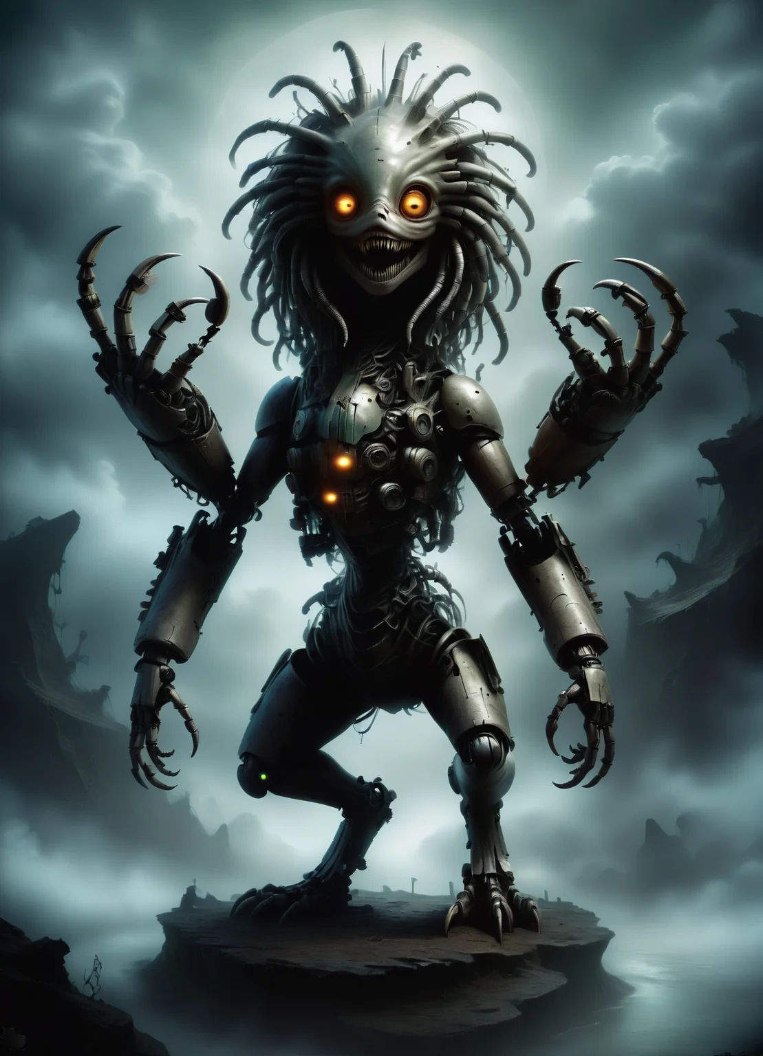 DonMGl00myN1gh7m4r3XL,score_9, score_8_up, score_7_up, score_6_up, female cybernetic gun-for-hire, gene-spliced hybrid, being resulting from genetic manipulation, exhibiting a mix of species traits, hundred years old, firm, indigenous australian, amber eyes, unique ears, unique chin, wide jaw, oblong face shape, sculpted shoulders, , silver mermaid waves hair, smile, neural link, character stands tall, arms extended forward, fingers in a claw-like gesture, simulating a neural connection, wearing synth-leather joggers, terracotta quantum striped blouse, , displaying bionic limbs or other augmentations., virtual reality cyberspace, , creepy, gloomy, rating_safe <lora:DonMGl00myN1gh7m4r3XL:0.65>