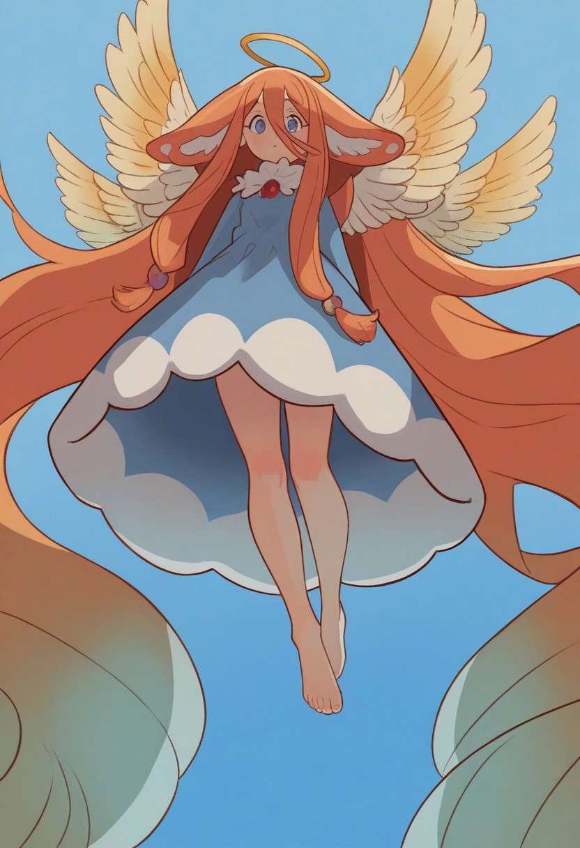 KLMSP Style, 1girl, absurdly long hair, multi tieded hair, angle wings, blue hue, orange hair