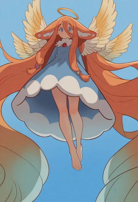 KLMSP Style, 1girl, absurdly long hair, multi tieded hair, angle wings, blue hue, orange hair