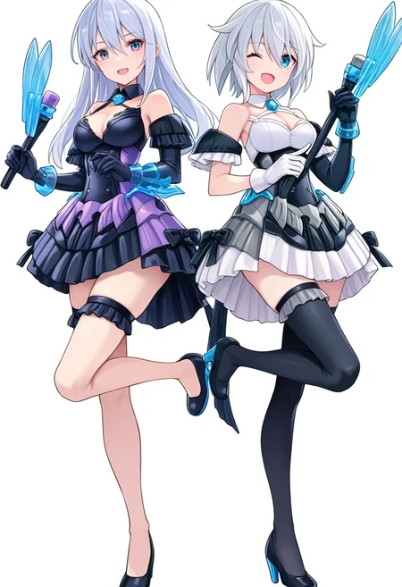 (score_9:0.9),score_8_up,score_7_up,anime style,rating_safe,<lora:30ms Alpha Sisters Phantasm ponyXL v1:0.82>,Alpha Sisters Phantasm White,Alpha Sisters Phantasm black,Phantasm dress,standing on one leg,one eye closed,holding,white background,long hair,high heels,blue eyes,smile,open mouth,standing,holding weapon,white hair,short hair,bangs,looking at viewer,simple background,hair between eyes,medium breasts,white dress,black dress,closed mouth,full body,2girls,