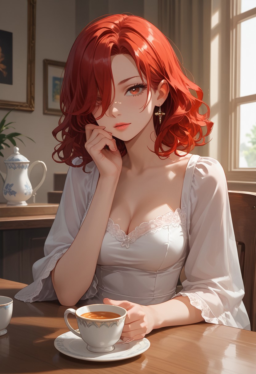 score_9, score_8_up, score_7_up, score_6_up, 
Girl, perfect face, sitting in a old fashioned cafe, 1cup of tea, fancy dress, illustration, masterpiece, (extremely detailed CG 8k), (very fine 8K CG),(1girl:1.2), (red hair), medium hair, wavy hair, hair over one eye, sparkling, red eyes, medium breasts.