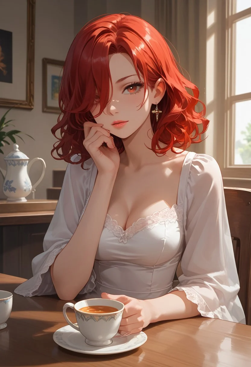 score_9, score_8_up, score_7_up, score_6_up,
Girl, perfect face, sitting in a old fashioned cafe, 1cup of tea, fancy dress, illustration, masterpiece, (extremely detailed CG 8k), (very fine 8K CG),(1girl:1.2), (red hair), medium hair, wavy hair, hair over one eye, sparkling, red eyes, medium breasts.