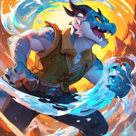 (Anthropomorphic kobold male:1.25) in metal vest, [[belt]], tail, fangs, <lora:KoboldTest2:0.5>, <lora:kobold-v1-128-AOM3:0.5>, kobold, (silver skin:1.2), yellow eyes, snout, horns, claws, scales, (best clawed hands:0.7), snow, ice magic, dynamic pose, fighting stance, score_9, score_8_up, score_7_up, score_6_up, rating_safe, source_cartoon, <lora:Concept Art Ultimatum Style LoRA_Pony XL v6:0.35>, concept art, <lora:HELLSINGStyle:1>, (detailed eyes:1.2), illustration, cinematic composition