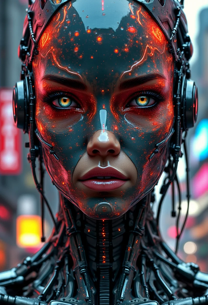 yfg-f@ce, RAW photography, Ultra HD, 8k, masterpiece, highly detailed, hyper realistic, intricate sharp details, style of Guido Argentini, close-up photo of a horrendous cyborg, an artificial woman made of pulsating cosmic energy, angelic face, big intense colorful eyes, metropolis, cybernetic, futuristic, science fiction, tall, elegant, slim erect, ethereal, in a dystopian post-apocalyptic city, evoking a sense of horror and sadness, highly detailed, perfect composition, cinematic, artistic, contrast of complementary colors.