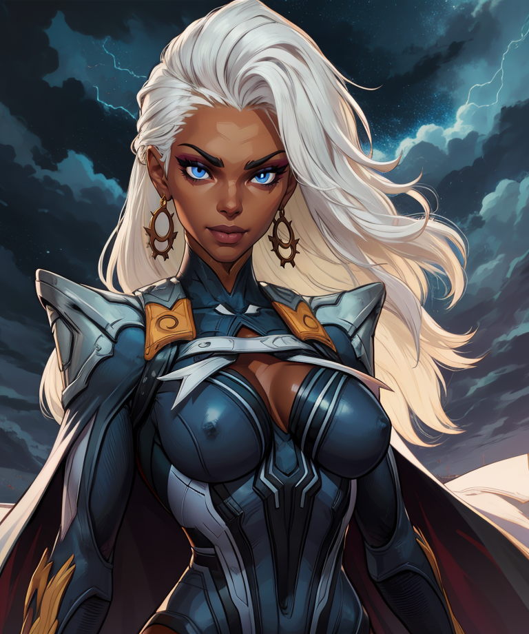 strmmr,blue eyes,white hair,
black bodysuit,cape,earrings,cleavage,
looking at viewer,
standing,upper body,smile,
night,storm,
(insanely detailed, masterpiece, best quality) solo,<lora:StormMR:0.8>,