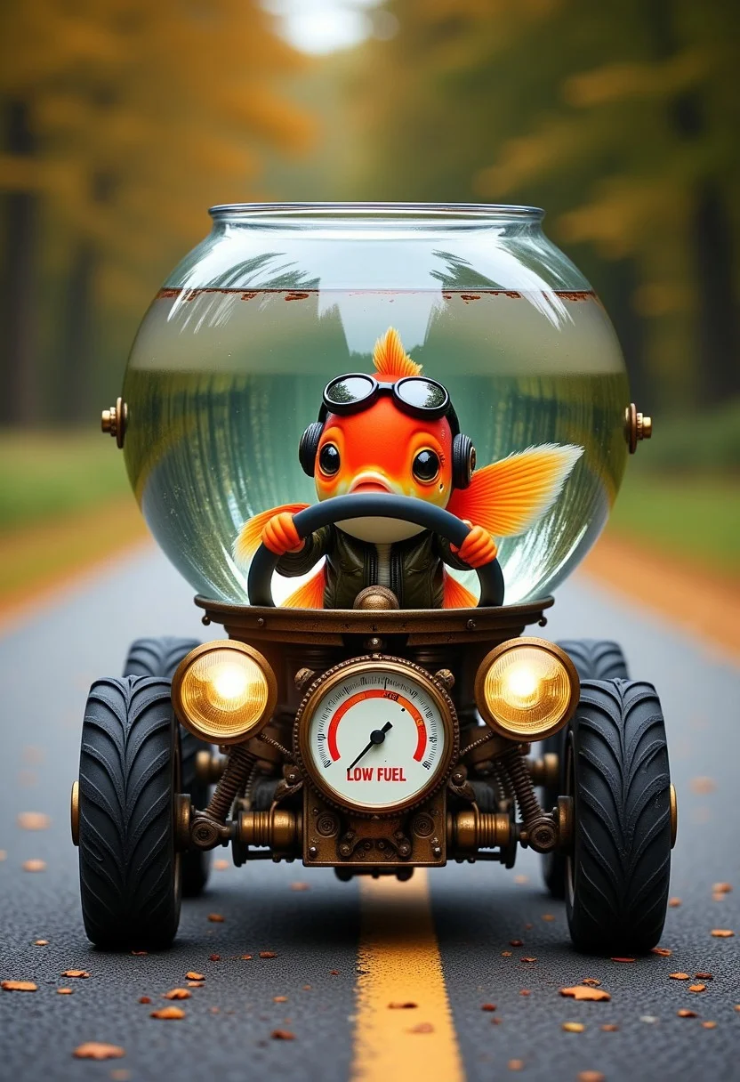 A goldfish bowl with four wheels, attached to a steampunk contraption with big headlights. Bowl filled with water. Inside the bowl a goldfish, holding a steering wheel and looking confused. The goldfish is wearing a leather jacket and goggles. She is looking directly at the viewer. On the contraption is a gauge with a text that reads: "LOW FUEL" in red letters. It is standing still on an the side of an old asphalt road