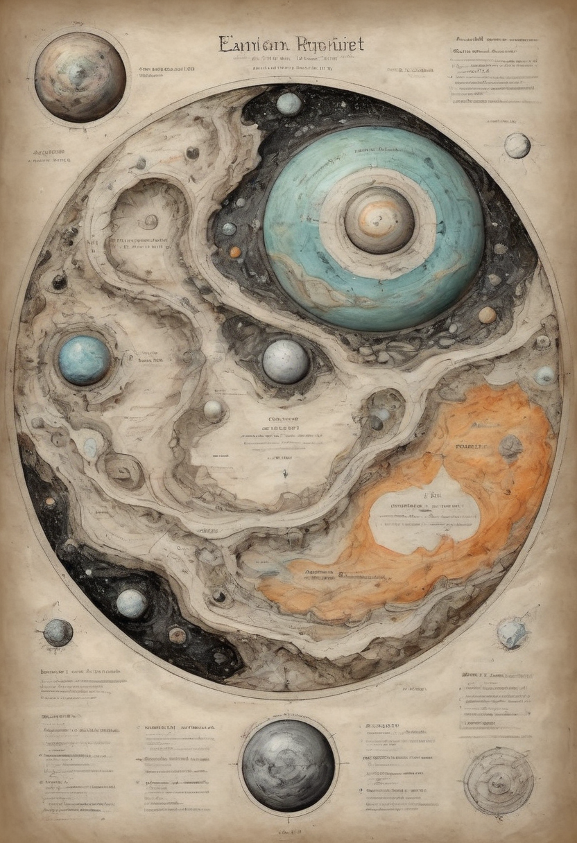 elaborate cartography of an alien planet with cutout detail geological and topographical details black ink and pastels color accents white chalk highlights on parchment