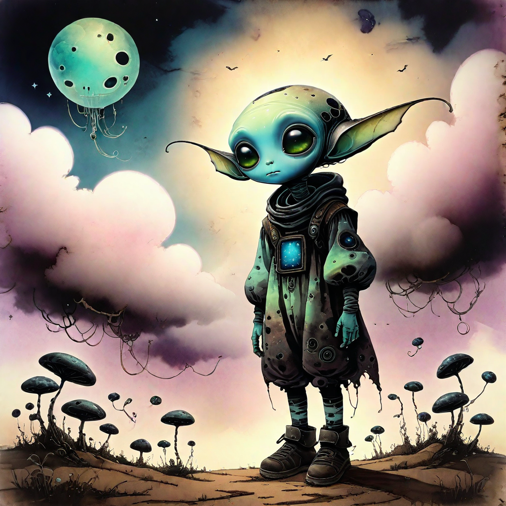cheyenne, echelier, restart, alien creature, Dreamy ink-washed sky with soft clouds, Storybook surrealism, Soft ambient glow with deep shadows, Faint chromatic aberration giving a surreal touch, Rustic Sci-Fi Earthtones alien_wanderer, <lora:artfully_YOUNGALIEN_SDXL:0.8>,