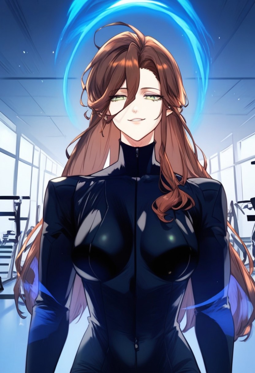 highly detailed, masterpiece, score_9,score_8_up,score_7_up, (manhwa artstyle),  YooSung-Eun, green eyes, brown hair, Training uniform, long hair, cowboy shot, smug, looking at viewer, training field, indoor, gym, blue aura