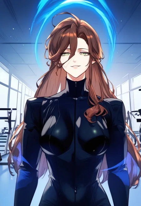 highly detailed, masterpiece, score_9,score_8_up,score_7_up, (manhwa artstyle), YooSung-Eun, green eyes, brown hair, Training uniform, long hair, cowboy shot, smug, looking at viewer, training field, indoor, gym, blue aura