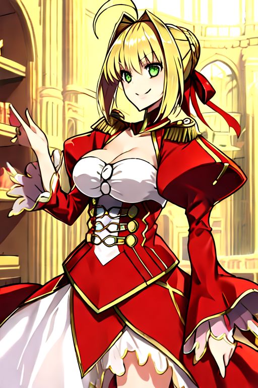 solo_focus, 1girl, (((masterpiece))), ((best quality)), ((ultra-detailed)), high resolution, absurdres, highres, ultra-detailed 8k unity wallpaper, 
Nero Claudius, 
nero_claudius_fgo, blonde_hair, ahoge, green_eyes, hair_intakes, breasts, bangs, smile, large_breasts, blush, cleavage, braid, hair_between_eyes, long_hair, 
nero claudius (fate), breasts, blonde hair, cleavage, green eyes, ahoge, large breasts, epaulettes, braid, red dress, dress, hair intakes, long sleeves, juliet sleeves, bangs, collarbone, puffy sleeves, french braid, short hair, ribbon, hair bun, red ribbon,