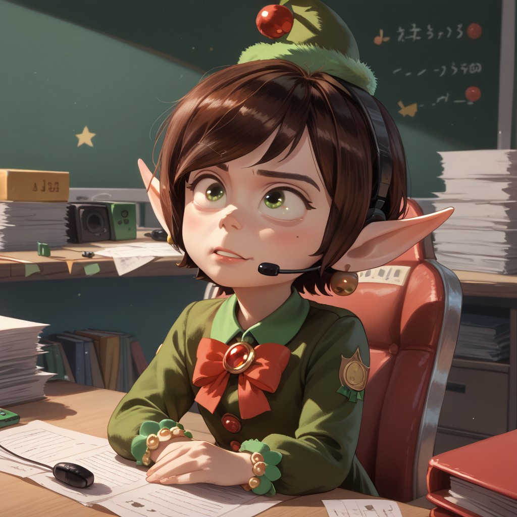score_9, score_8, score_7, break, magee_pal, 1girl, brown hair, short hair, green eyes, pointy ears, hat, earrings, bow, dress, headset, desk,