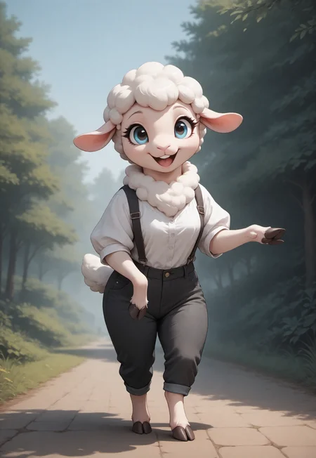 score_9, score_8_up, score_7_up, score_6_up, score_5_up, score_4_up, (((sheep))), female, (black pants:2), (white fur), (feral), (happy, expressive:1.5), full body shot, standing,