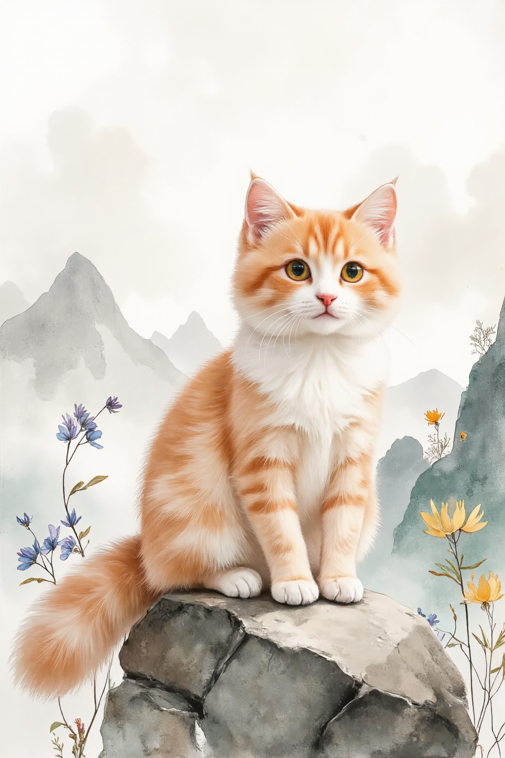 <lora:f1-cat-chinese:0.8>, Create a watercolor painting featuring a close-up of a vibrant ginger cat with warm orange fur, painted with soft, translucent watercolor brushstrokes that highlight its fluffy texture and glowing golden eyes. The cat sits on a smooth boulder, occupying about one-third of the canvas, in a serene mountain valley. Sparse wildflowers in shades of violet and yellow dot the foreground. The background uses a minimalist Chinese ink-wash style with delicate gray and soft green strokes, depicting distant, mist-shrouded peaks and a vast sky, with significant negative space to evoke tranquility and simplicity. The scene captures a crisp, late summer afternoon.âââ