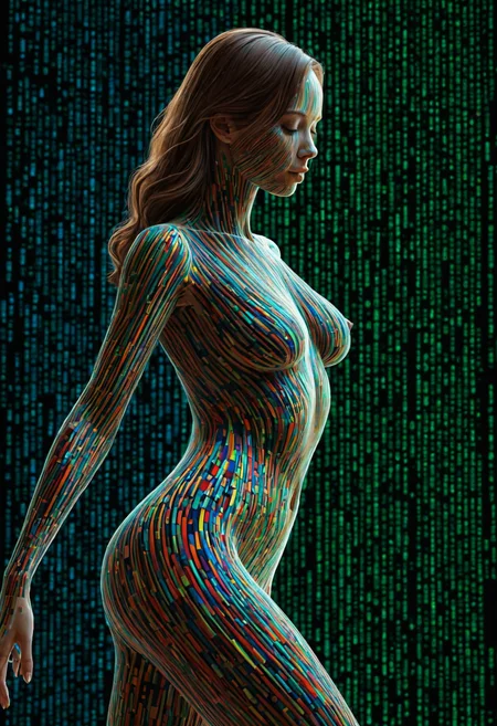 high quality, 8K Ultra HD, Imagine a vibrant canvas illuminated by a cascade of colorful binary code, forming the silhouette of a captivating woman, The dynamic lines and patterns, reminiscent of a digital dance, weave together to create a harmonious fusion of technology and art, The binary code, in hues ranging from electric blues to radiant reds and vivid greens, breathes life into the woman's form, Her silhouette emerges as a synthesis of the digital and the organic, a testament to the seamless integration of technology and beauty in your masterful creation, by yukisakura, high detailed,