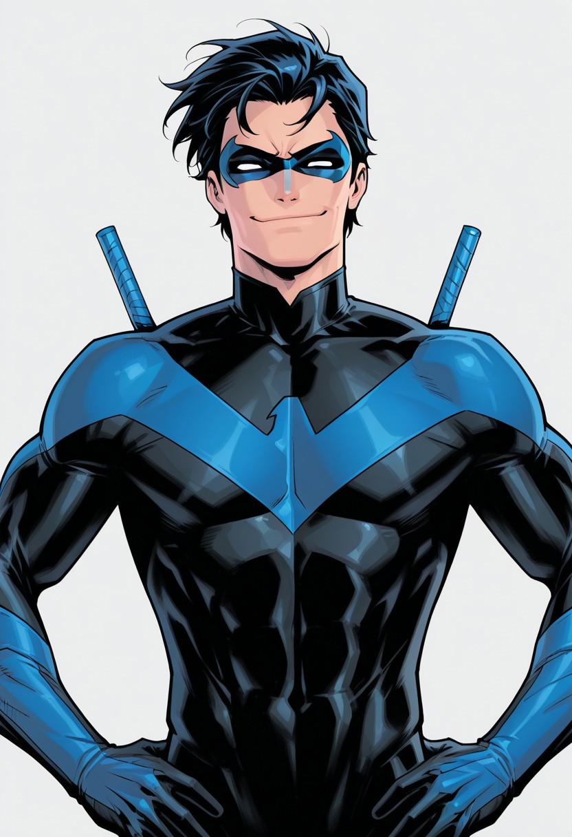 Grey background, simple background, solid color background, 2d, 1male, solo, 
DC Comics, Nightwing, toned male, black hair, white eyes, no pupils, domino mask, black bodysuit, blue trim, insignia, 
Upper body, front view, smug expression, smirk, looking at viewer, Hands on hips, batons on back