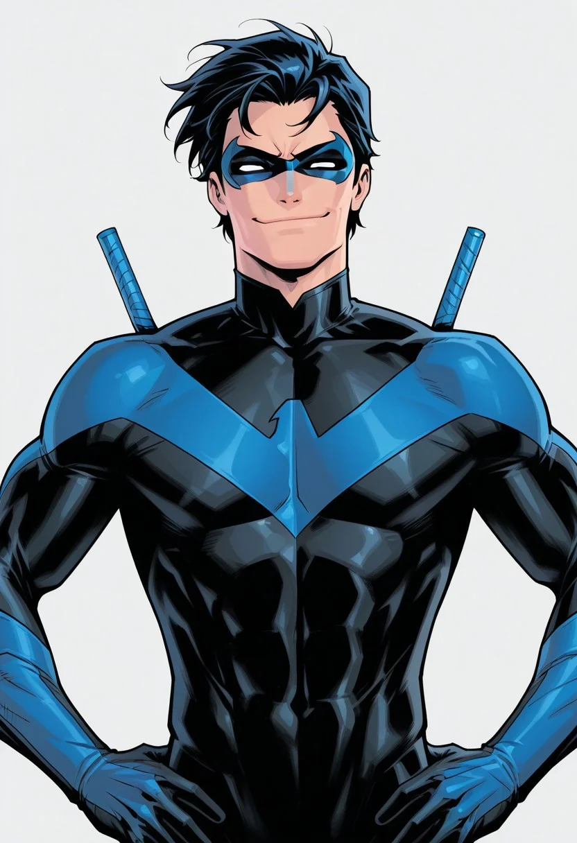 Grey background, simple background, solid color background, 2d, 1male, solo,
DC Comics, Nightwing, toned male, black hair, white eyes, no pupils, domino mask, black bodysuit, blue trim, insignia,
Upper body, front view, smug expression, smirk, looking at viewer, Hands on hips, batons on back