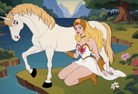 score_9, score_8_up, score_7_up, score_6_up, BREAK, a woman is kneeling in a fairy garden, water, shore, white unicorn horse, 1girl, <lora:She-Ra_Pony:1> she-r4, blonde hair, long hair, cape, white dress, bare shoulders, gold choker, gold boots, tiara, retro artstyle, makeup, red lips,