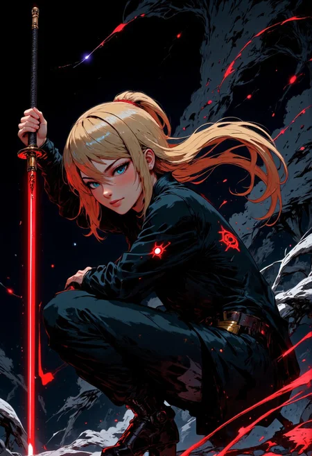Masterpiece. A close-up digital artwork in mythp0rt anime style featuring a lone female ninja samusaran her long blonde flowing ponytail hair floats behind her. She is squatting in a fierce combat stance, holding a katana over her shoulder, ready to attack. The katana glows in a dim red light. Her blue eyes lock onto the viewer with an unwavering, piercing gaze and a confident smile.
The dark and moody background adds a dramatic tone, with subtle lighting highlighting metallic surfaces. A cosmic aura surrounds her, as if she’s standing on the edge of a galaxy.  High-res, semi realistic, best quality, intricate details, ultra details, good lighting, vibrant colors, very detailed, octane render, ray tracing. mythp0rt