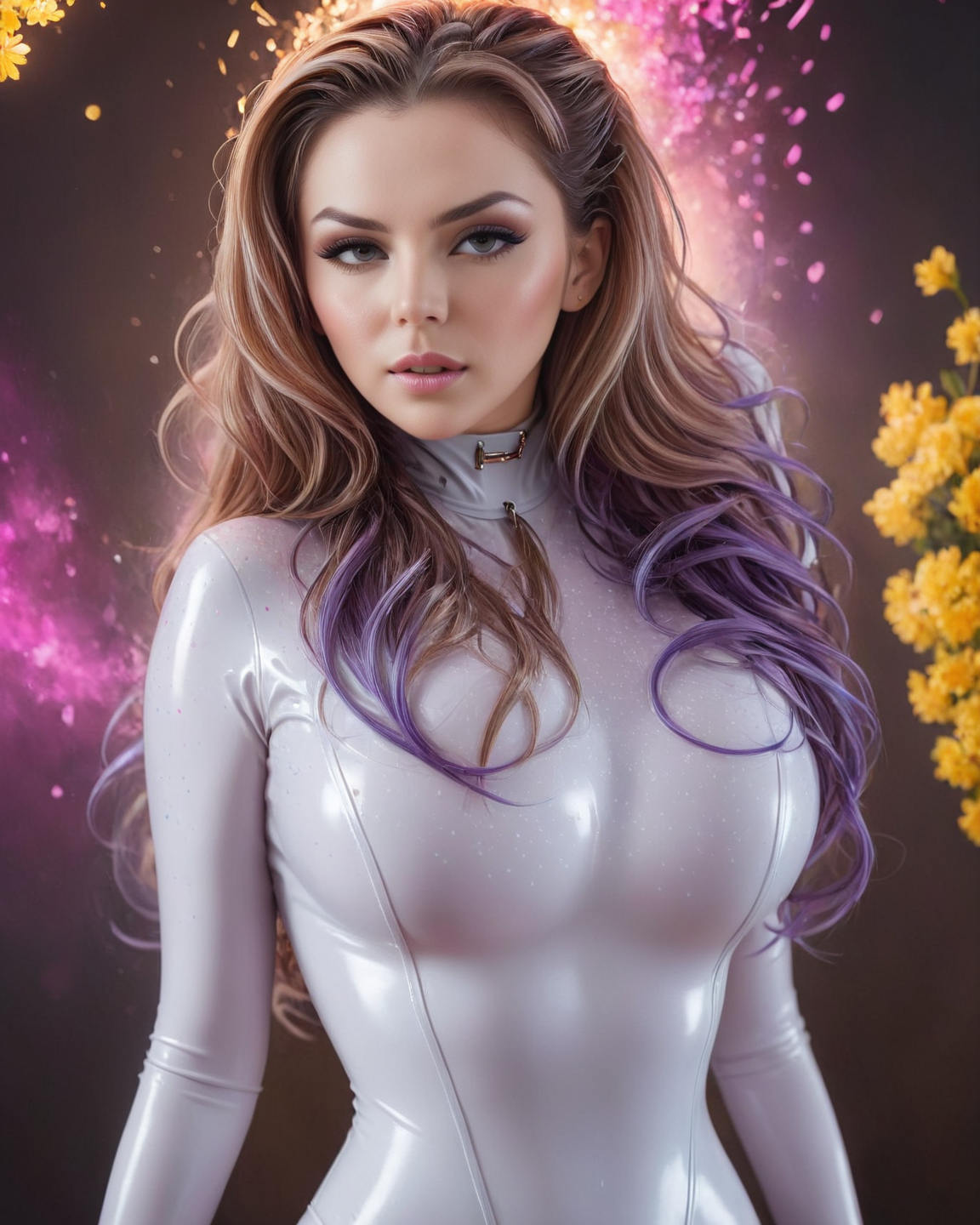 Abstract style (Photo:1.3) of (Ultrarealistic:1.3) <lora:FF-Latex.ID-XL-011.bf16:0.4> a beautiful gorgeous glamour girl in rubber tight body fit sexy white and pink latex suit standing sexy facing dynamic pose the camera in a grocery store, 1girl, solo, realistic, long hair style, modern hair, lips, glamour eyes, blurry, dress, blurry background, ranbow hair, Extremely high-resolution details, photographic, realism pushed to extreme, fine texture, incredibly lifelike (photorealistic:1.4), (masterpiece:1.3), (best quality:1.4), ultra high res, (detailed facial features), (detailed clothes features) <lora:FF-FaceLT-LycorisFF:1> a close portrait photography of a woman in a latex and oily latex bodysuit +++, (full body sexy pose)+, digital art, highly detailed, intricate, sharp focus, digital painting, concept art, ambient lighting, 4k, artstation, 1girl, bodysuit, breasts, cleavage, ponytail digital painting, concept art, ambient lighting, 4k, artstation, paint colors, art design, digital effects, splatter, smoke, water, fire, lights, paint splatter, 3d effects merge, psychedelic flowers patterns + sushi cuts + flowing bluejoo style hair + another june mimosa from movie breAKHonne, a french man, fl / 4-fashion + flowing neon makeup, (an a-necklace:1.1), (parted two time band portrait photography:1.1), highly detailed muted grey an rim lightGray eyes karol photo hanna puka rina flowers elegant highly detailed digital painting artstation pixiv, meme potbooru quality friends hg commission official twitter threads aaaa tweakage,Highly Detailed,(Muted Colors:1.3),(close portrait:1.3),(Feminine:1.4),(beautiful:1.4),(attractive:1.3),handsome,calendar pose,perfectly detailed eyes,studio lighting,thematic background . Non-representational, colors and shapes, expression of feelings, imaginative, highly detailed