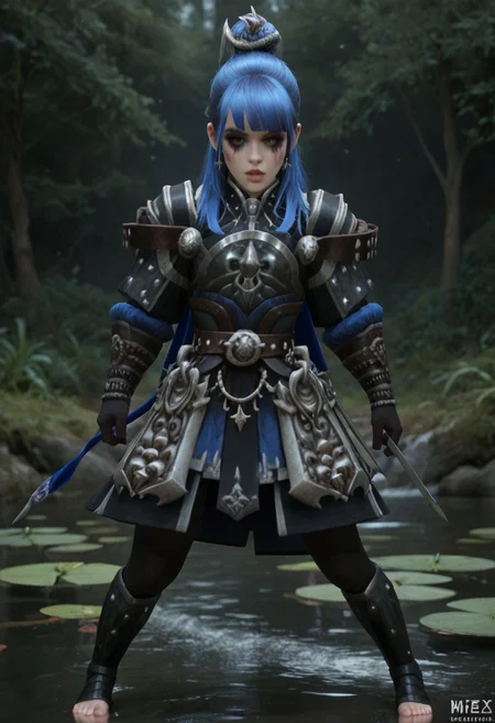 masterpiece, best quality, highly detailed, score_9, score_8_up, score_7_up, score_6_up, aroused moan, expressive, pretty lustful 20yo girl, petite, slender body, full lips, long blue hair, blunt bangs, sidelocks, black armor, standing beside a pond, heavy makeup, barefoot, cute feet, tight squeezed outfit, punker accessories, evoking moan, conveying moans, parted lips, gasping