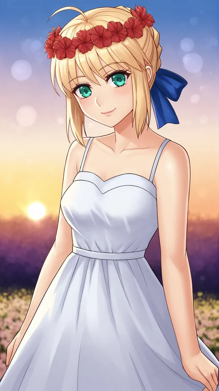 <lora:Everlasting_Summer_Vanilla_Art_Style_by_GraffMetal:0.7>, everlastingsummervanillaartstylebygraffmetal
1girl, solo, fate, saber, artoria,
smile, blush, pink lips,
black eyeliner cat eye,
outside, sunset, flower wreath at head, dress, cute, cozy,
amazing background, flowers field, portrait, bokeh, close-up,
