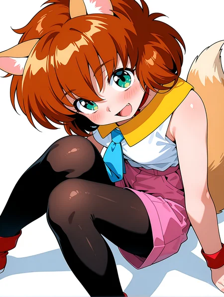 masterpiece,best quality,amazing quality,
1girl,solo,
<lora:koto_ilxl_v1.0:1>,koto,brown hair,green eyes,whiskers,fang out,
k_clothes,yellow collar,red ribbon choker,white sleeveless shirt,blue necktie,pink shorts,fox tail,black_pantyhose,red footwear,<lora:Fixhands_anime_bdsqlsz_V1:1>,open mouth,smile,:d,sitting,blush,simple background,white background,looking_at_viewer,1990s (style),