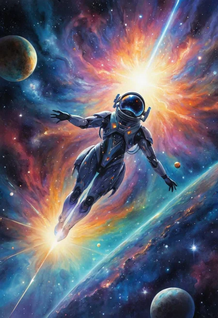 transcendent cybernetic cosmic civilization of energy field creatures floating in the vacuum of extraterrestrial anotherworldly star system, in outer space vacuum, universe background, extreme quality, trending on CGSociety, watercolor painting, dynamic motion, bioluminescens color, stunning