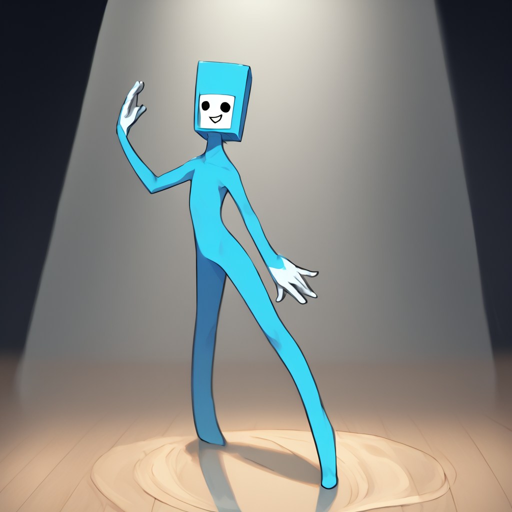 score_9, solo 
<lora:paddle-10:1.4> colored  skin, (square head:1), white face, solid circle eyes, smile, black eyes, full body, dancing