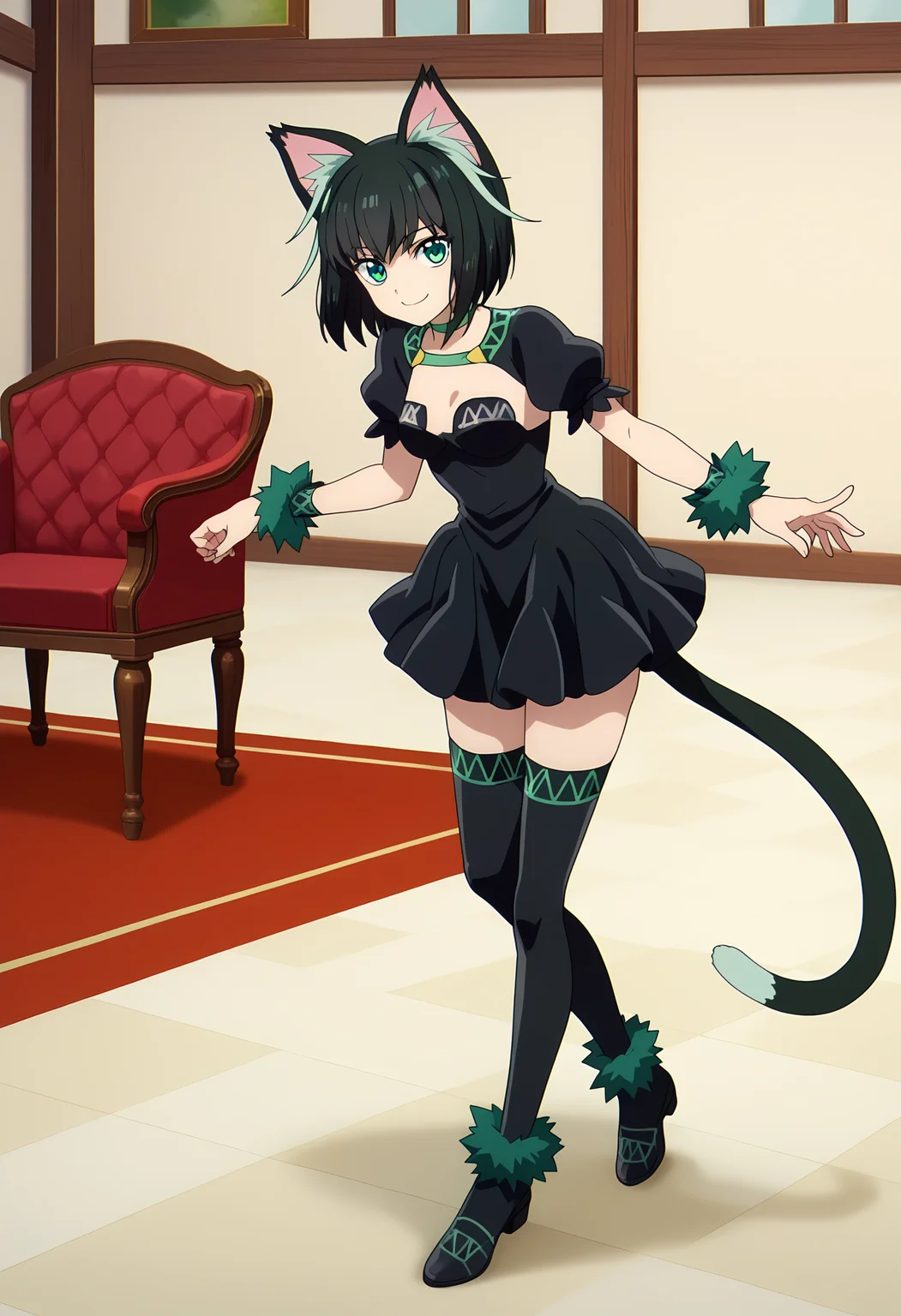 score_9, score_8_up, score_7_up,source_anime,
BREAK
1girl, solo,
<lora:shiTamaV1:1>, tamadef, short hair, black hair, multicolored hair,
green eyes, cat tail, cat ears, animal ears, wrist cuffs,
choker,
black thighhighs, black dress, black footwear,
looking at viewer, smile,